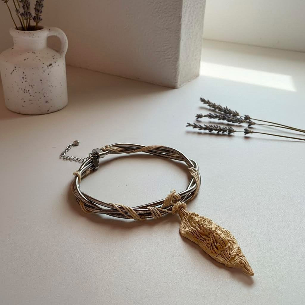 collier neptune unico in gres e corda con ciondolo scultura in gres