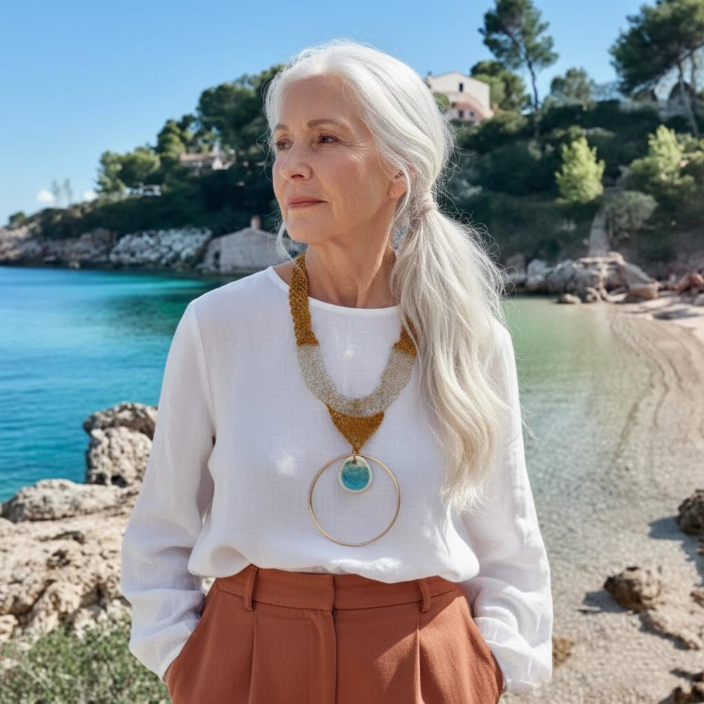collana artigianale Nora crochet, ceramica e metallo dorato-phaniac
