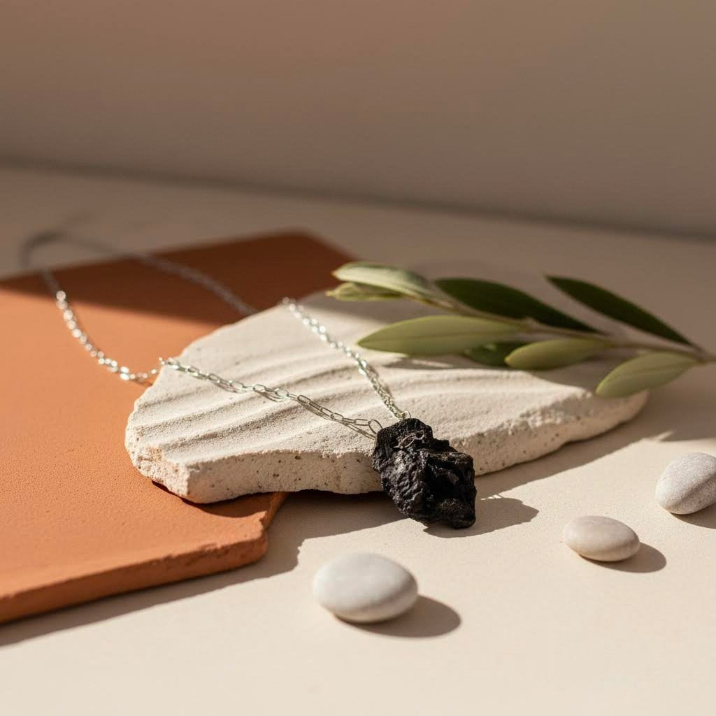 collana artigianale con ciondolo in gres nero e argento 925- perda niedda-phaniac