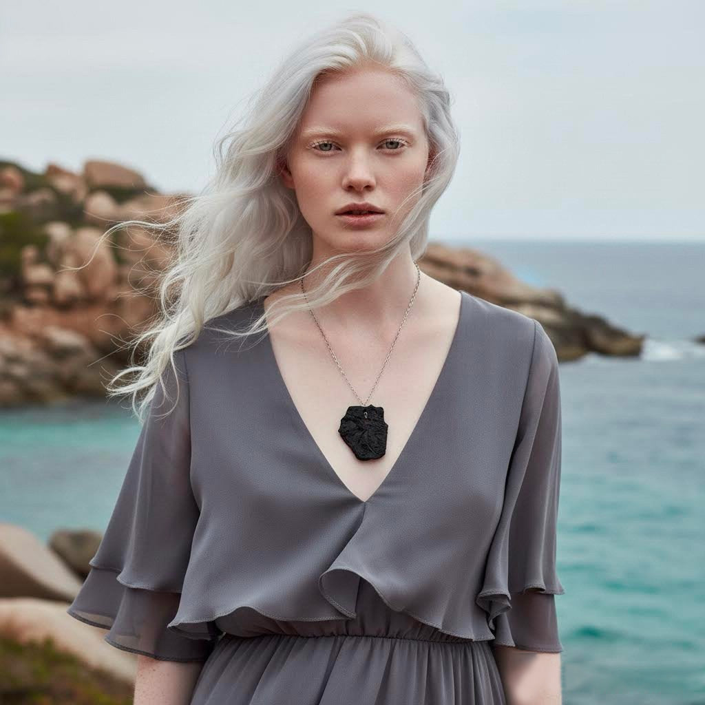 collana artigianale perda niedda con ciondolo in gres nero e catena argento 925 -phaniac