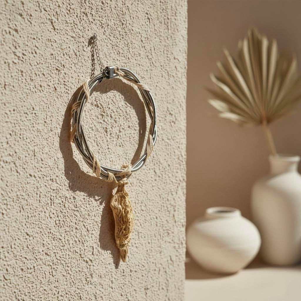 collier neptune unico in gres e corda con ciondolo scultura in gres