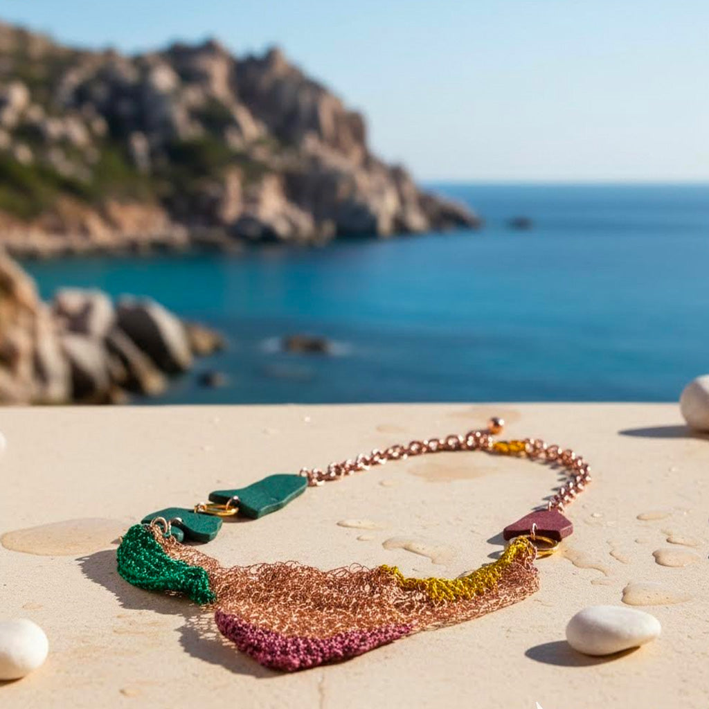 Collana artigianale Filus  Scirocco in crochet di rame e viscosa multicolor-Phaniac