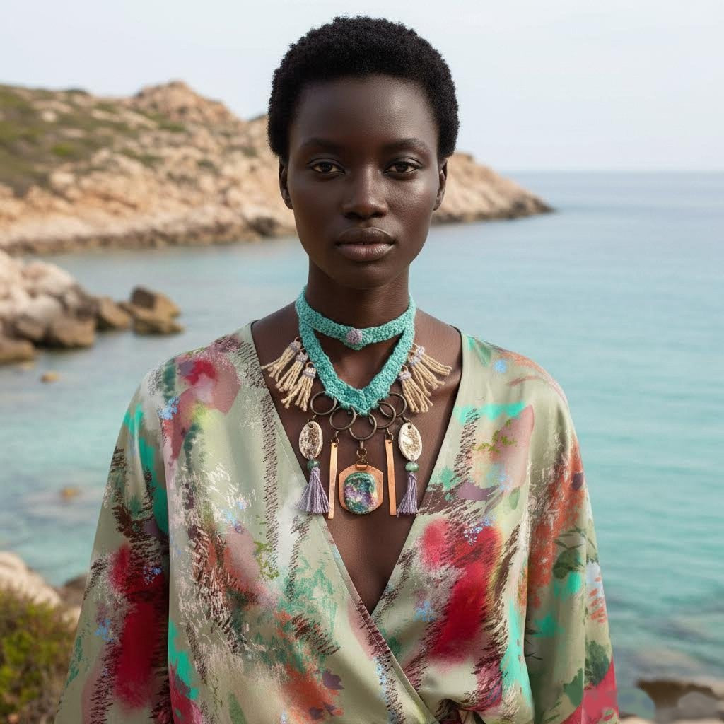 collana boho la.goon in crochet, rame e ceramica -phaniac