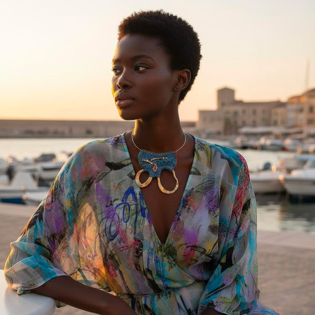 Oria necklace- collier artigianale crochet di cotone, ceramica e ottone -phaniac