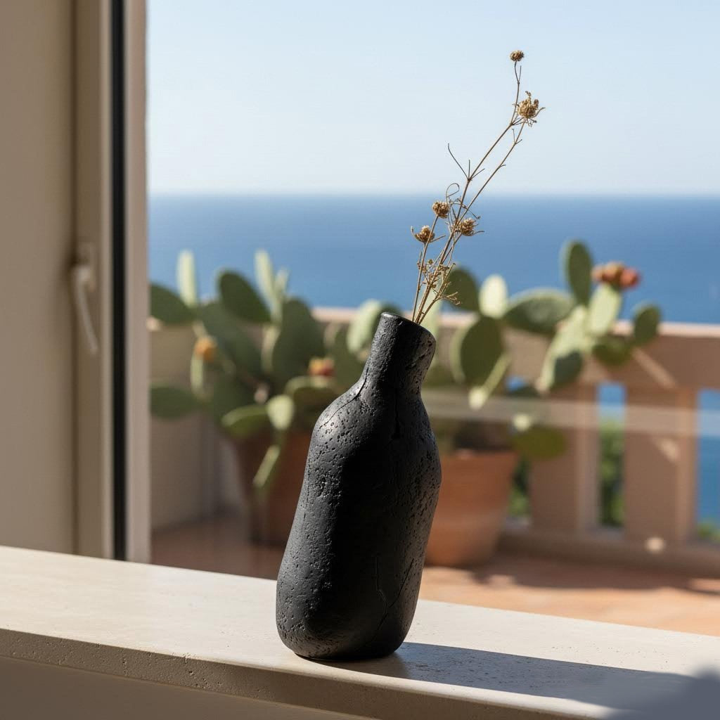 Vaso bottiglia partigianale erda niedda in gres nero -phaniac