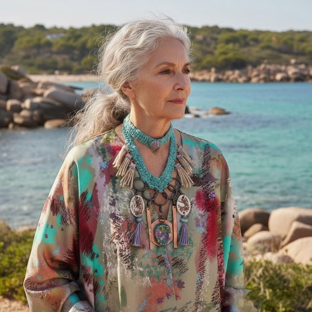 collana boho la.goon in crochet, rame e ceramica -phaniac