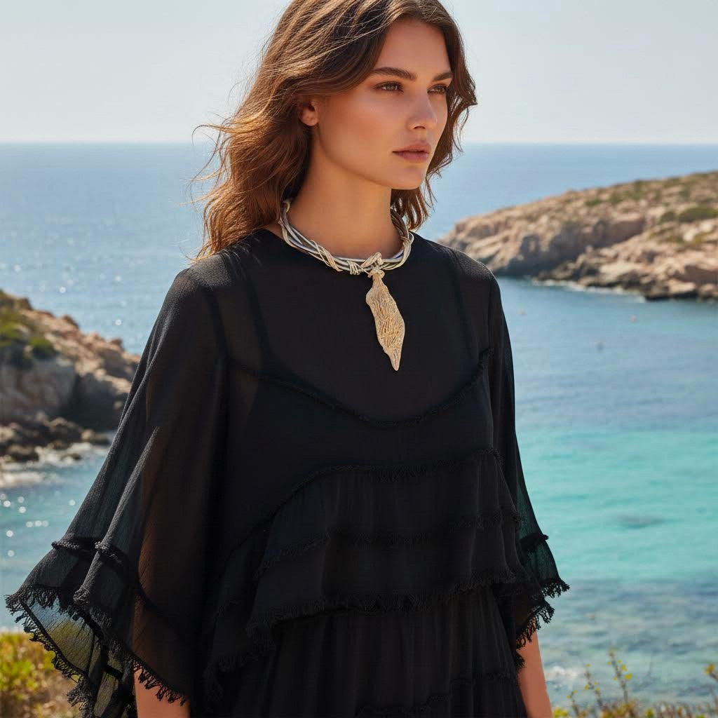collier neptune unico in gres e corda con ciondolo scultura in gres