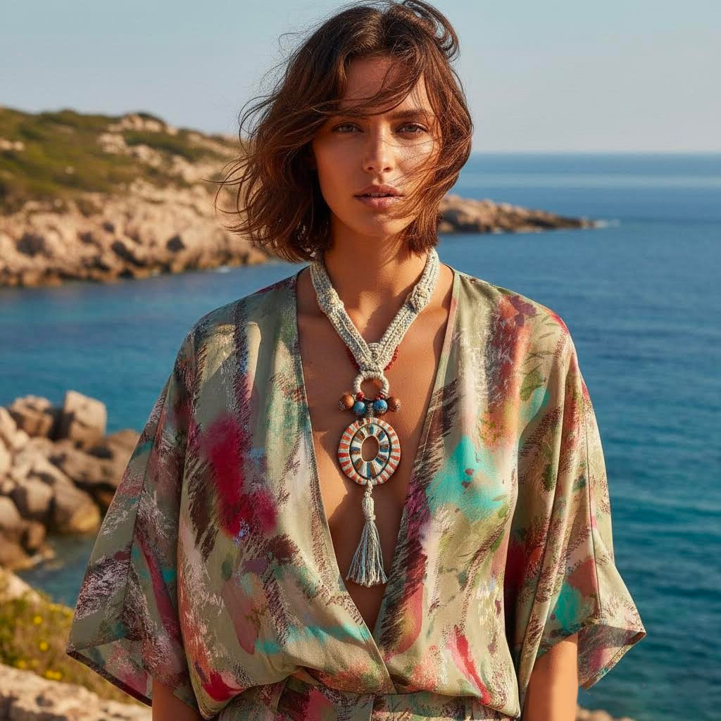 collana boho artigianale in crochet e ceramica -phaniac