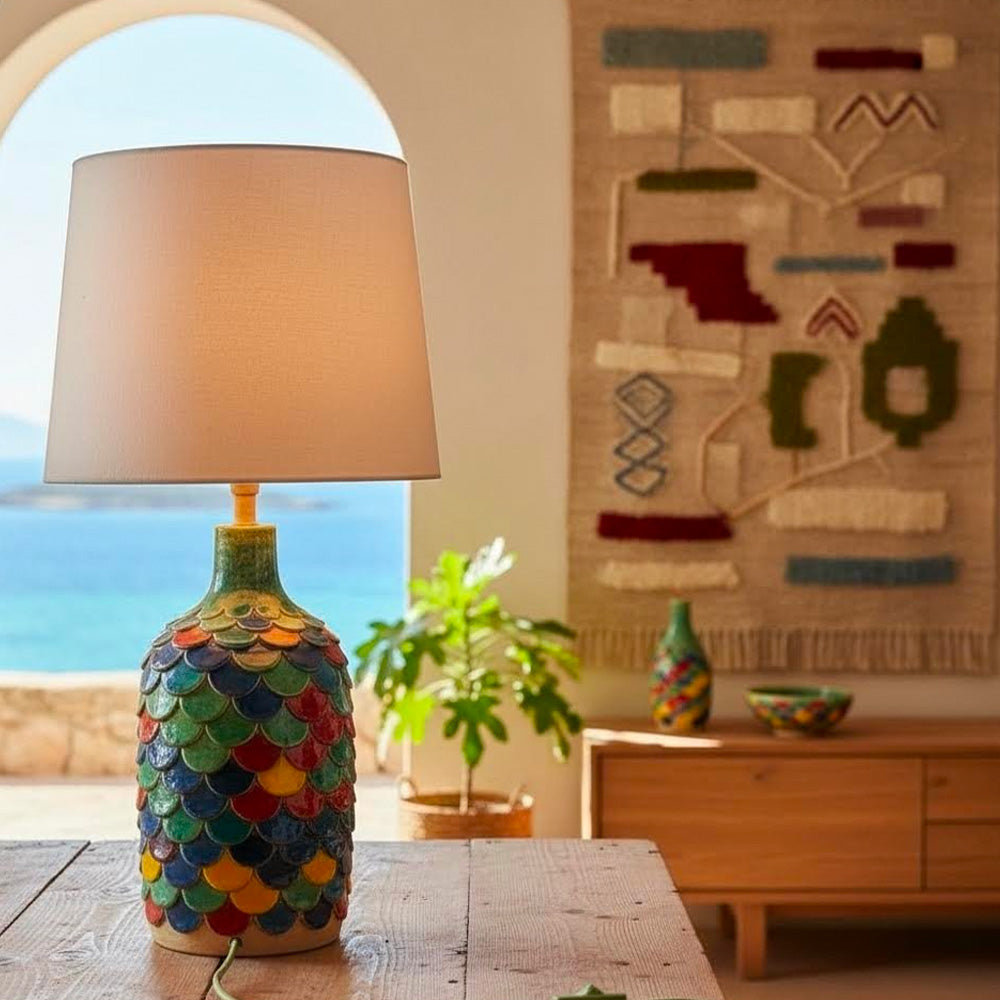 alguer-Lampada da tavolo in ceramica multicolor decorata a mano in sardegna