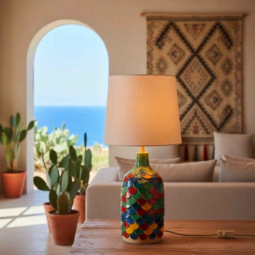 alguer-Lampada da tavolo in ceramica multicolor decorata a mano in sardegna