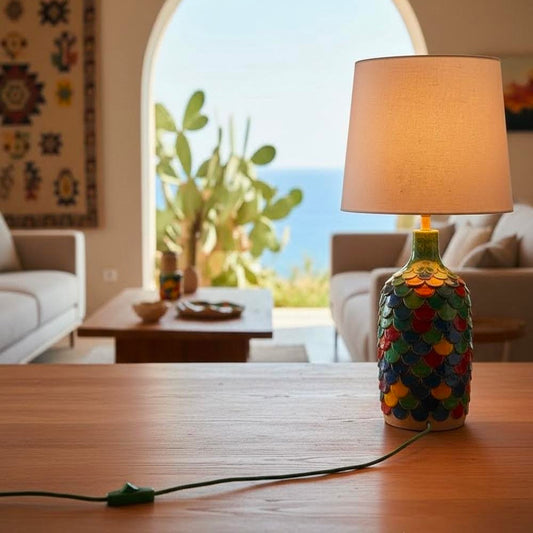 alguer-Lampada da tavolo in ceramica multicolor decorata a mano in sardegna