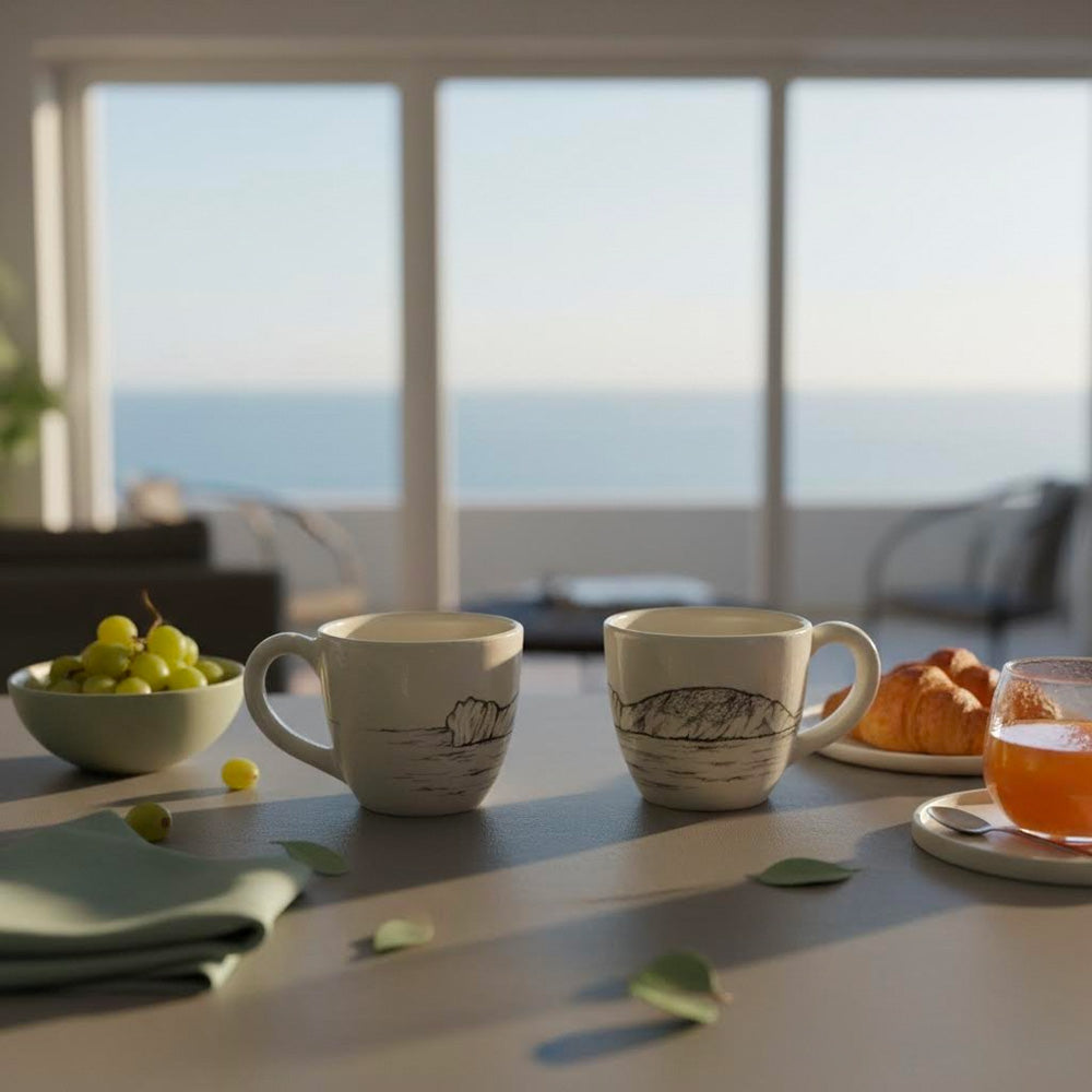 Tazza artigianale in terraglia bianca dipinta a mano-Capo Caccia - Alghero